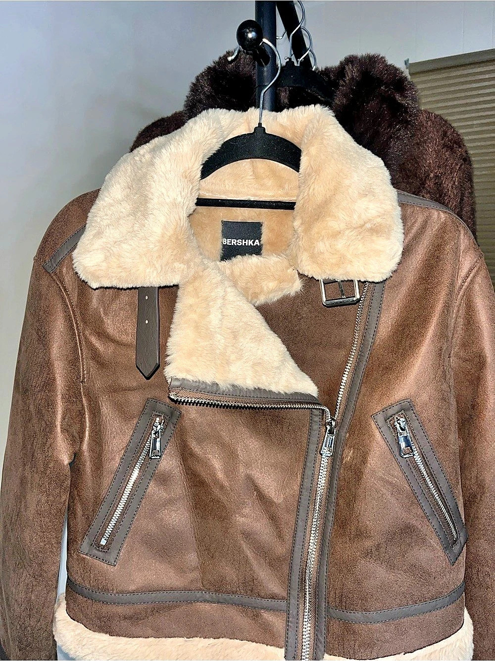 Bershka Cropped Double-Faced Biker Jacket Brown & Cream Medium
